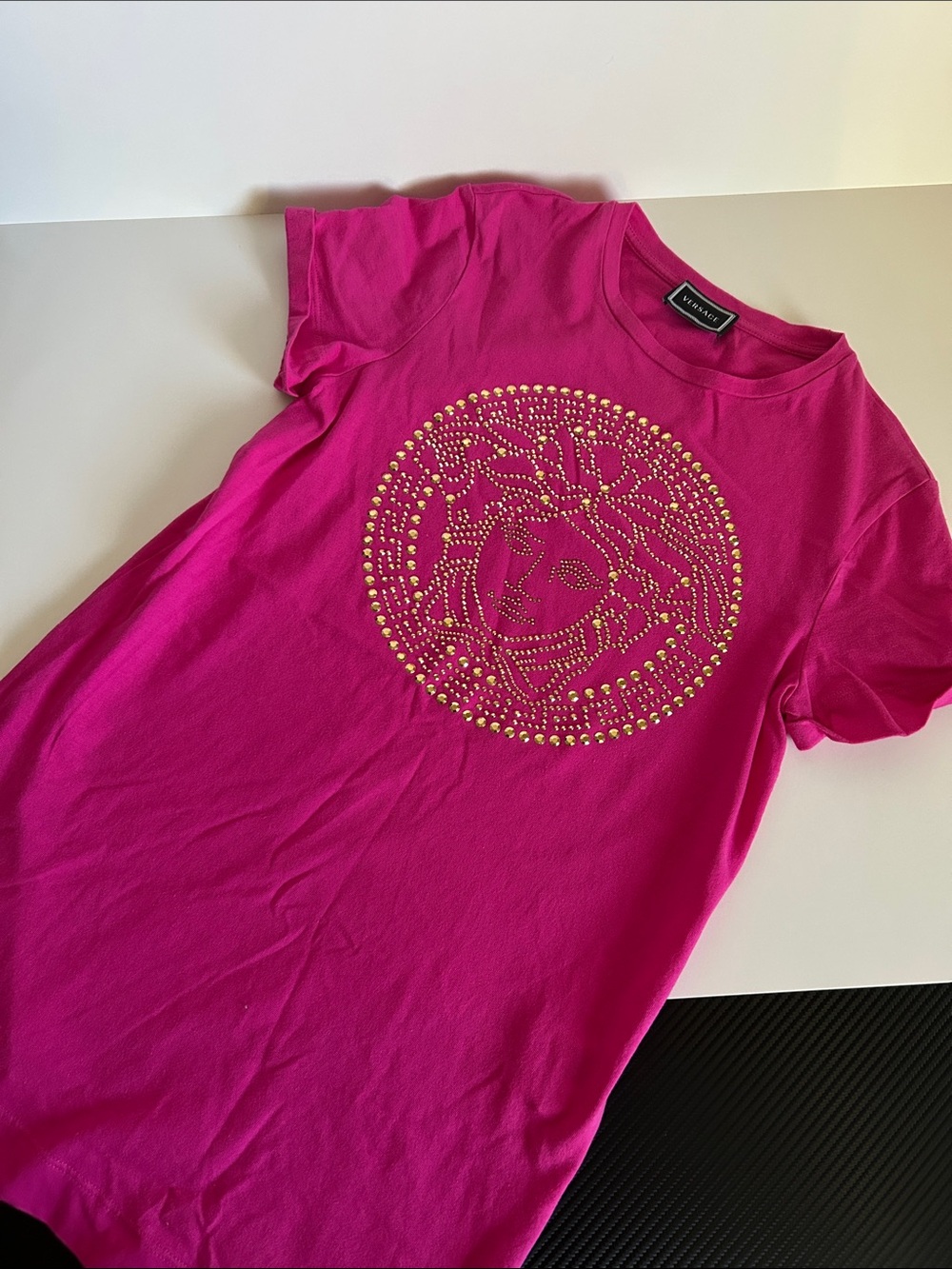Versace Hot Pink Tee with Gold Medusa Stud Motif